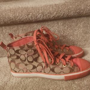 Coach "Franca" Brown Jacquard Signature w/ Pink Accents Hi Top Sneakers Size 9